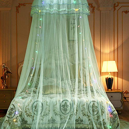 AGSYFFD runde Tagesdecke, Baldachin Bettvorhang, Baldachin Moskitonetz für Mädchen mit LED-Leuchten für Zimmerdekoration, Mädchen, Jugendliche oder Kinderbetten, Doppelbett.