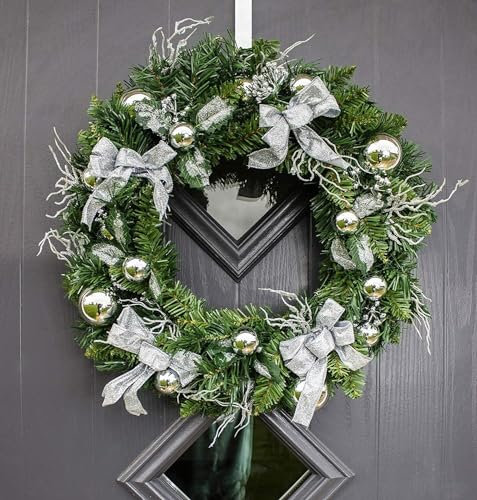 HomeZone 50cm Sparkling Silver Christmas Decoration Wreath - Artificial Front Door Wreath with Bows & Baubles - Elegant Winter Wreath for Indoor Christmas Decorations & Festive Displays