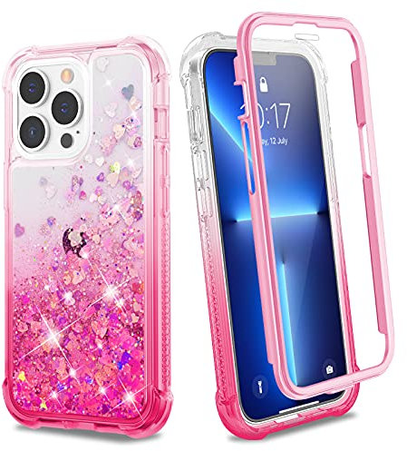 Ruky Case Compatible with iPhone 13 Pro Max Full Body Glitter Liquid Rugged Cover with Built-in Screen Protector Soft TPU Shockproof Girls Women Phone Cover, Gradient Pink