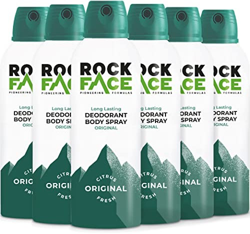 Rock Face Men's Body Spray - Original Fragrance Body Spray Deodorant for Men, 200ml, Fresh Citrus Scent, Long Lasting, Multipack of 6