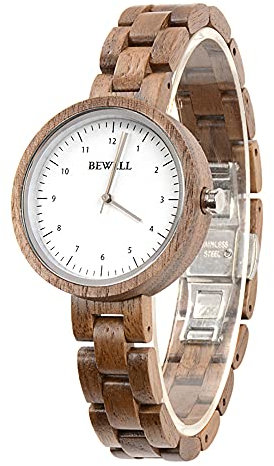BEWELL Holzuhren Damen Minimalistische Quarzwerk Lässige Walnuss Armband Holzarmbanduhr