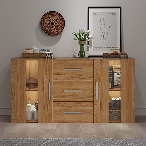 Panana 2 Doors 3 Drawers Sideboard Cupboard Unit Cabinet RGB LED lighted Storage with glass on the door and inside (OA)