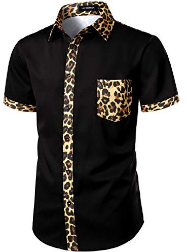 LucMatton Men's Stylish Leopard Print Patchwork Design Short Sleeve Button up Shirt for Club Party Black Leopard Medium