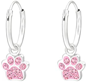 Laimons Kinder Mädchen-Ohrringe Creole Ohrhänger Hundepfote 7 mm Glanz mit Glitzer aus Sterling Silber 925 (Hellrosa)