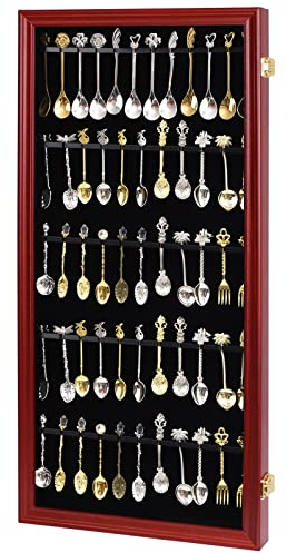 COMSREV 60 Souvenir Tea Spoon Display Case Collection Collector Rack Wall Mount Wooden w/98% UV Acrylic Door Lockable(60 Spoons-Cherry)