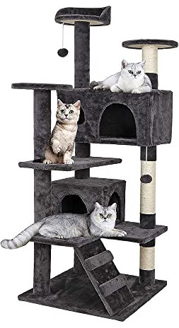 Dark Grey Multi-Level Cat Climbing Tower with Ladder - Stable Cat Scratch Post & Play House for Kitty - 50 * 50 * 132cm