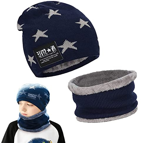 May Huang Enfants Bonnet, Enfants Hiver Epais Bonnet Echarpe Ensemble, Polaire Thermique Tricot Chapeu Cou et Cache-Cou pour Enfants Garçons Filles 5-15 Ans (bleu)