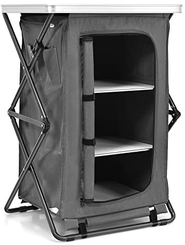 SPOTRAVEL Portable Camping Storage Cabinet, Folding Travel Storage Unit with 3 Shelves, Side Pockets and Carry Bag, Indoor Outdoor Pop-Up Cupboard for BBQ, Party, Picnics (63 x 45 x 89cm)