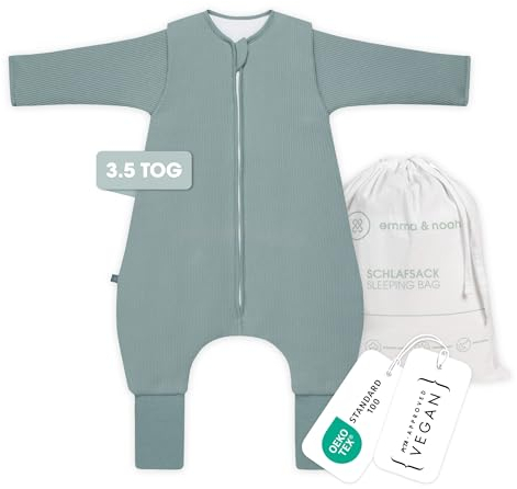 emma & noah Baby Schlafsack mit Füßen 3.5 TOG, Strampelsack für den Winter, Bio-Baumwolle, Abnehmbare Ärmel, Umschlagbare Beinchen (Essential Mint, 90 cm)