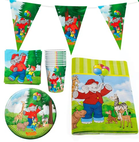 Party Factory `Benjamin Blümchen´ Party-Set Einweggeschirr, 10 Becher, 10 Teller, 20 Servietten, 1 Tischdecke und 1 Wimpelkette