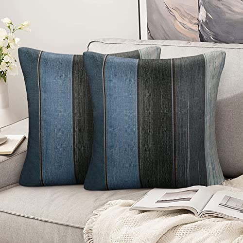 Hanrunsi Kissenbezug Modern 50x50 cm Blau Kissenbezüge Dunkelblau Holzstreifen Retro Dekokissen aus Rustikalem Holz aus Leinen für Sofa mit Verdecktem Glattem Reißverschluss 2er Set