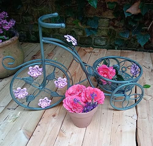 Inspirational Gifting 40cm tall Verdigris Metal Tricycle Plant Pot holder with Pink Flower motifs - a delightful way to display your bedding plants
