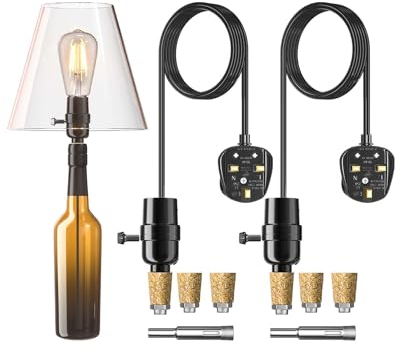 Bonlux DIY Bottle Lamp Adaptor Kit, UK with E27 Screw Lamp Holder, Convert Wine Bottle Whisky Vase to Light Fitting, 2Pcs