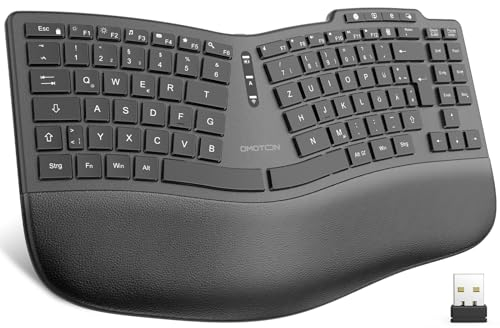 OMOTON Ergonomische Tastatur Kabellos, gepolsterte Handballenauflage, wiederaufladbare kabellose Tastatur, 2.4GHz Wireless Keyboard für Windows, Komfortables Tippen, DE-QWERTZ, Schwarz