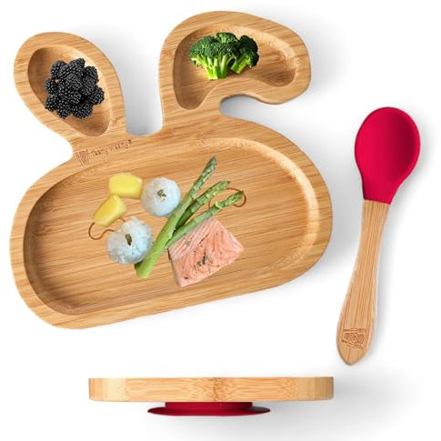 Teeny Weany® Baby Plate & Toddler Plates | Baby Suction Plate | Weaning Spoons | Bamboo Suction Plate | Eco-Friendly | Non - Toxic | Divided Sections | Promotes Self-Feeding | Bunny Plate Red