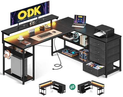 ODK Corner Desk with Drawers, L Shaped Gaming Desk with LED Lights & Power Outlets, Reversible Computer Desk for Home Office Workstation, Office Desks with Monitor Shelf, 135×110 cm, Black