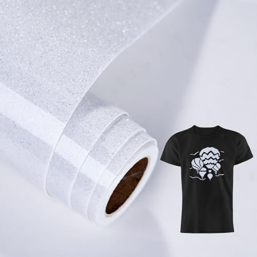 LUCKIGUCK Glitzer Plotterfolie Textil - Heat Transfer Vinyl 25cm x 150cm Transferfolie Plotter Flexfolie für Textilien Transferfolie zum Aufbügeln für DIY T-Shirt,Stoffe Textilhandwerk(Weiß)