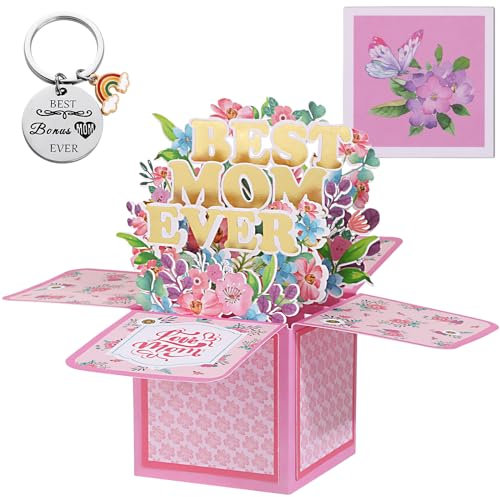 BOFUNX Pop Up Karte Muttertag mit Schlüsselanhänger Muttertagsgeschenk 3D Muttertagskarte - Best Mom Ever Grußkarte Glückwunschkarte für Muttertag Mama Geburtstag