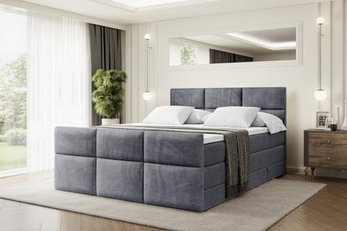 ALTDECOR Boxspringbett mit Matratze und Lattenrost, Topper, Fußteil,Polsterbett mit Bettkasten, Bett mit Stauraum H3- und H4- Matratze, Doppelbett - Ohio-Z King - 200x200 - Dunkelgrau Samt