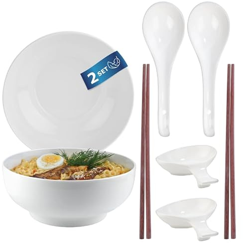 Urban Lifestyle Set Cuencos Ramen para 2 Personas Ø 17,5 cm 1200 ml, New Bone China Blanca, Cuencos para Ramen con Cucharas, Palillos Japoneses y Cuencos Pequeños, Cuencos Sopa