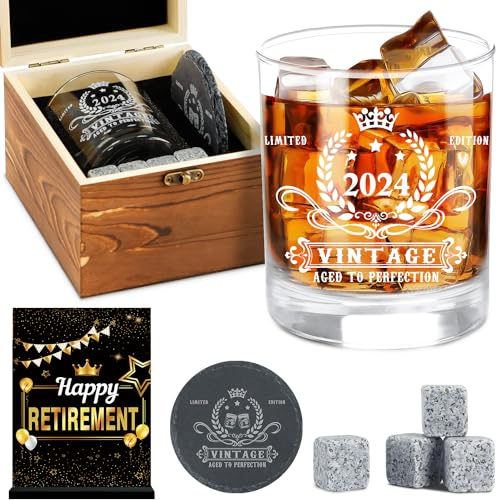 2024 Retirement Gifts for Men,2024 The Legend Has Retired-Whiskey Glass Set in Gift Box,Happy Retirement Presents for Him,Dad,Friends- Happy Retire Anniversary Card&Wood Box & Whiskey Stones & Coaster