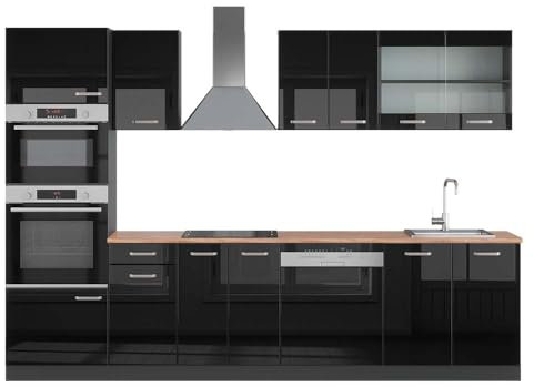 Vicco Küchenzeile R-Line, Schwarz Hochglanz/Anthrazit, 300 cm mit Hochschrank, AP Eiche