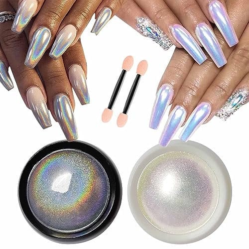 2 Stück Chrome Nagelpulver Set- Neon Effekt Iridiszent Nägel Chrome Pulver, Holographische Nagel Glitter Pulver Nail Art Staubspitze Maniküre Pigment