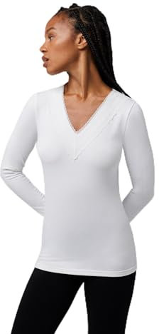 YSABEL MORA - Camiseta Térmica Cuello Pico Encaje, Manga Larga, Material Adaptable, Diseño Mediterráneo, Sostenible, Hecho en Valencia, Ideal para Climas Fríos, Confort y Estilo