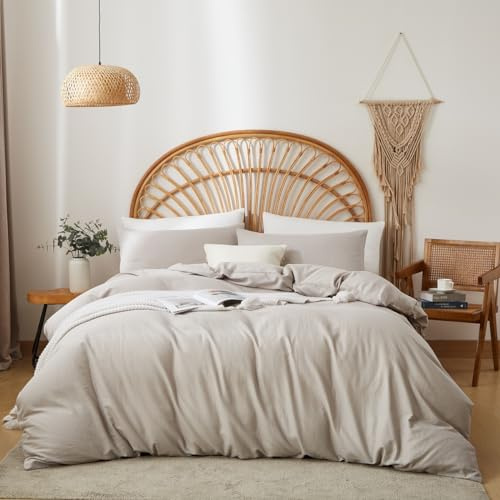 Sedefen Housse de Couette 220x240 cm Mousseline Coton Lin,Beige Parure de Lit 1 Personne avec Fermeture Éclair avec 1 Taie d'oreiller 65x65cm,85% Coton 15% Lin Housse de Couette Adulte