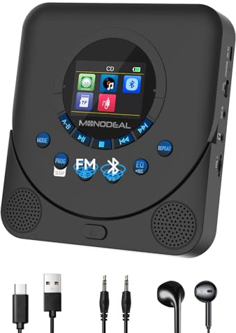 MONODEAL Portable Retro Wooden CD Player with Bluetooth Speakers Black