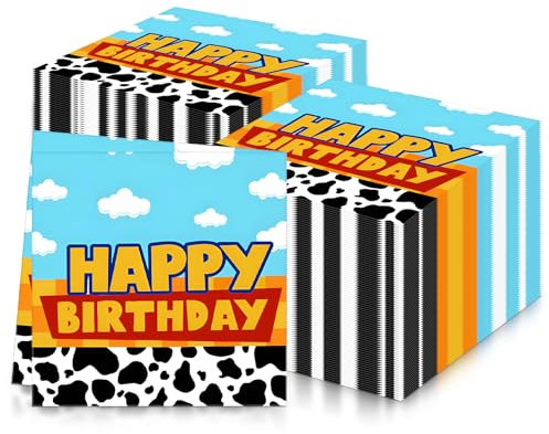 Serviettes de table en papier doux pour fête d'anniversaire - Motif jouets d'anniversaire - Cowboy Happy Birthday - Motif de la ferme - Bleu ciel et blanc