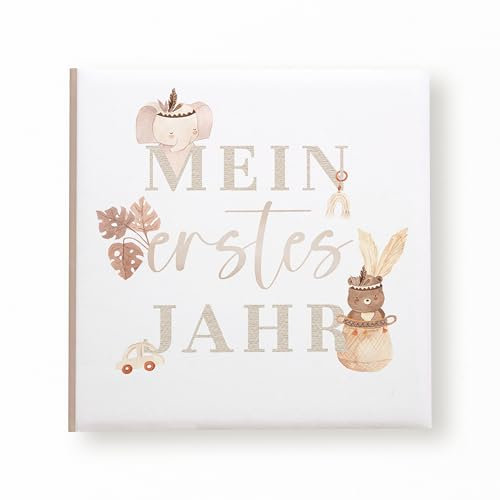 Babyalbum „Mein erstes Jahr“ zum Ausfüllen im Boho-Stil | Erinnerungsbuch für das 1. Lebensjahr | Babybuch zum Eintragen für Junge & Mädchen | Geschenk zur Geburt oder Babyparty mit Elefant & Bär