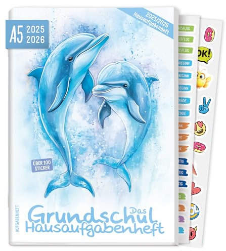 Häfft® Lernfreunde Hausaufgabenheft Grundschule 2025/2026 A5 Delfine Das Grundschul-Hausaufgabenheft inkl. Lerntipps, Sticker, Denkspiele - nachhaltig & klimafreundlich