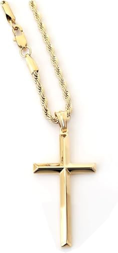 LIFETIME BLING Collar con colgante de cruz de oro 18K para hombres y mujeres, cadena cubana de 3 mm con cierre sólido, regalo para marido y esposa