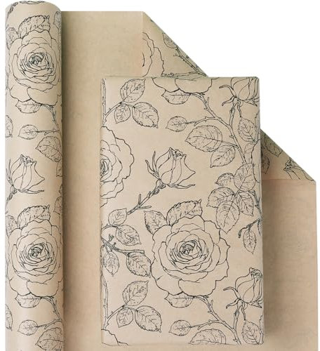 Geschenkpapier Kraftpapier Rolle, Geschenkpapier vintage Blumen Floral, Retro Schwarz Rose Geschenkpapierrolle für Frauen Mädchen, Geschenkverpackung Papier für Geburtstag, 43CM X 10M