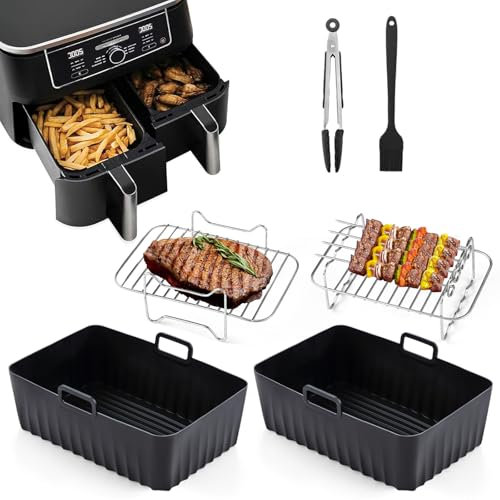 Airfryer Zubehör Set für Ninja Foodi AF300EU AF400EU, Hunnycook 10Pcs Airfryer Zubehör für 7.6L-9.5L Ninja Dual Airfryer, Einschließlich Airfryer Zubehör Silikonform, Racks und Werkzeuge