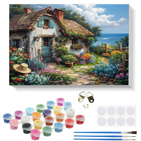 RICUVED Maison en pierre Peinture Numero Adulte,Colorés Paysage Kits de Peinture au Numéro avec pinceaux Peinture de Dessin de Pigment Acrylique, Paint by Numbers avec Cadre pour Décoration 20x30cm