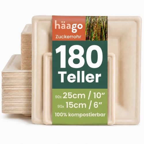 HAAGO 180 Square Sugarcane Bagasse Plates Set - Eco-Friendly Like Paper Plates, Biodegradable & Home Compostable, Disposable Party Plate - 15cm & 26cm, 90 of Each