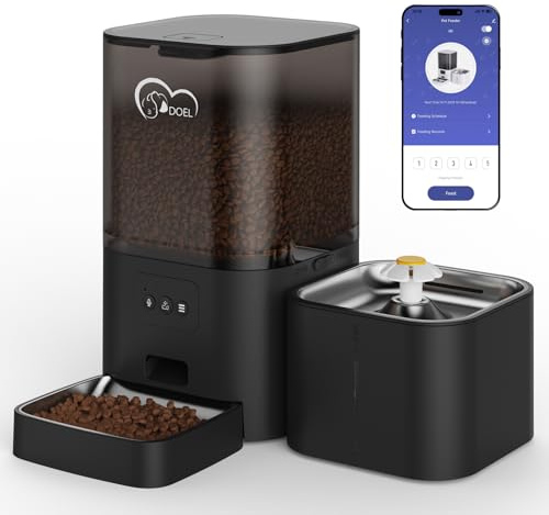 DOEL 2-in-1-Automatik-Futter- und Wasserspender für Katzen, großvolumiger 6-Liter-Trockenfutterspender + 2,5-Liter-Wasserspender mit App-Steuerung, Sprachaufzeichnung, zeitgesteuerter Fütterung