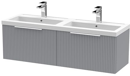 Balterley Vanity Unit with Basin Wall Hung, 2 Drawer Soft Close with 2 Rectangular Sink and Handles, Bathroom Vanity Units with Basin, Fluted Front Sink Cabinet - 1205 x 383 x 399mm (Grey)