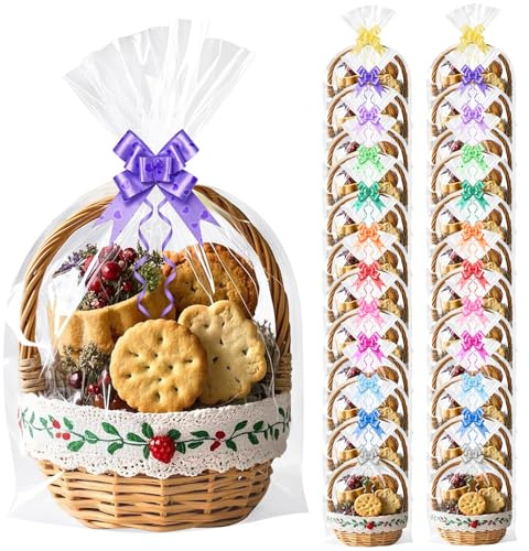 24Pcs Large Cellophane Bags with Bows, 14 x 20 Clear Cellophane Wrap | for Hampers, Gift Baskets, Gift Box Packaging, Easter, Christmas, Birthday, Mother's Day