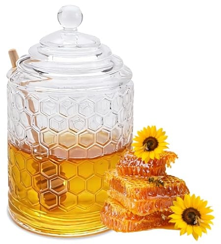 WPPQWP Honigglas Dip Honigspender 300ml Honigtopf mit Löffel, Tischdekoration für Honig, Marmelade, Sirup, Leicht zu reinigen, hinterlässt keine Rückstände (1, Wabenstruktur)