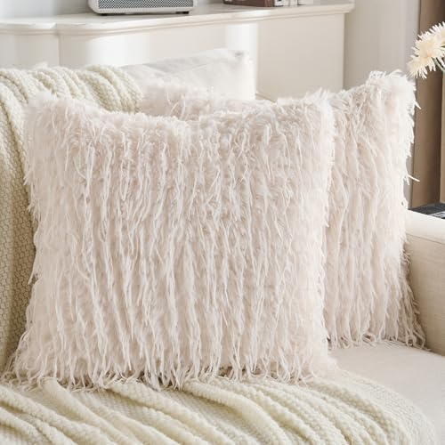 YSTELLAA 2er Set Fellimitat Kissenbezug 40x40, Weiche Quadratische Kissenbezüge, Kissenhüllen Langhaar Dekorative, Sofakissen Bezug Für Sofa Wohnzimmer Schlafzimmer, Cremefarben