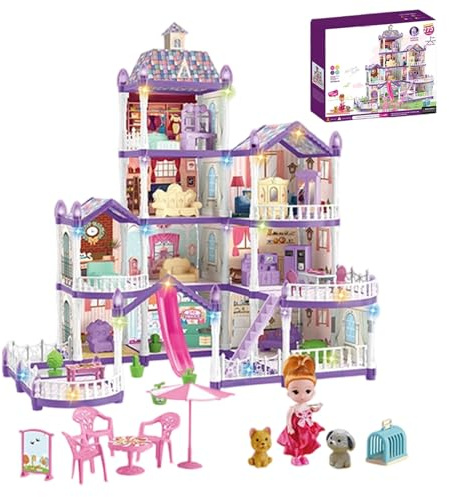 Puppenhaus - 4-stöckige 13-Zimmer Miniatur Villa Bausatz - Villa Spielset Puppenhaus Mit 3 Prinzessinnen & 2 Welpen Und Möbel Zubehör | Für Kinder von 4-6 Jahren Rollenspiel Vorstellungsspiel