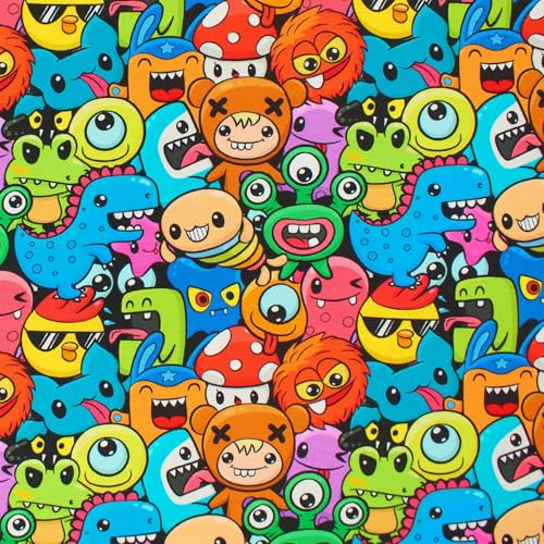 Jersey Stoff lustige Comicfiguren | ab 50cm x 150cm (mehrfarbig) | Baumwolljersey - Kinderstoff - Länge am Stück in 0,50 Meter Schritten