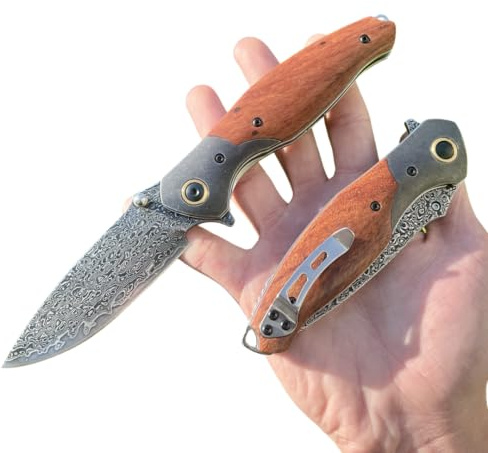 Obespina Couteau pliant lame acier damas noir luxe camping manche bois edc decoupe tranchant artisanat collection extérieur cadeau homme bushcraft solide forge roulement bille