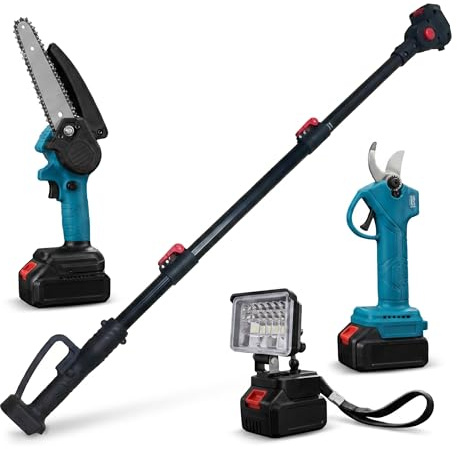 MAKA Kit Potatura a Batteria con Asta Telescopica 3 in 1, Forbici Elettriche 30 mm, Mini Motosega 6” 15 cm, Potatore Telescopico 128-248 cm, 2 Batterie 48V, Motore Brushless, LED (A)