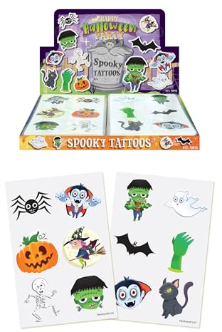Henbrandt 144 x Mini Halloween Temporary Tattoos for Children 12pc Packs Kids Halloween Party Bag Favours Loot Bag Fillers Spooky Lucky Dip Trick or Treat Favours for Boys and Girls