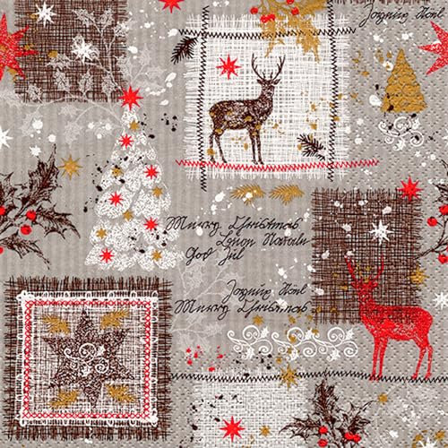 Servietten Papier 33x33cm 20 Stück mit Patchwork Hirsch Motiv - hochwertig & nachhaltig - Einweg Weihnachtsservietten 3-lagig - Papierservietten für Weihnachten Gastronomie Alltag - Taupe