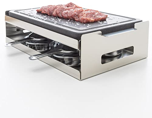Piedra Volcánica para Asar Carne a la Piedra con Surco Antigoteo - Incluye Quemadores de Alcohol, Soporte y Bandeja Inox - Ideal para Barbacoas y Compatible con Horno - Dekobe (30x20 cm)